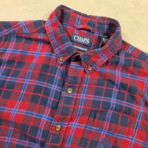 Chaps Performance Mens Large Red Navy Blue Plaid Flannel Button Down Shirt L